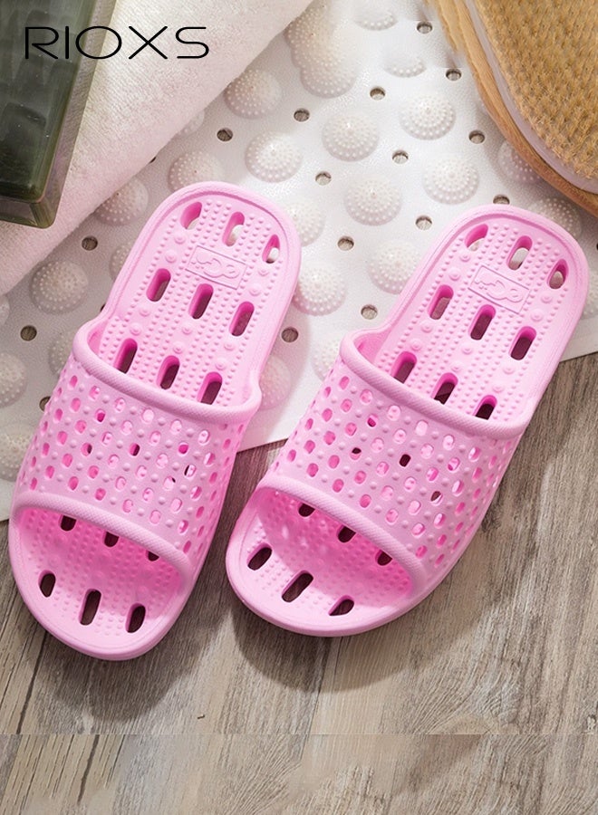 RIOXS Slippers For Women, Quick Drying Shower Slippers With Drainage Holes, Soft Comfortable Slippers, Flat Sliders, Non-Slip Bath Slippers, Bathroom Slippers For Indoor Outdoor Poolside Use, Lightweight Dorm Home Slide Sandals, Pink - Image 1